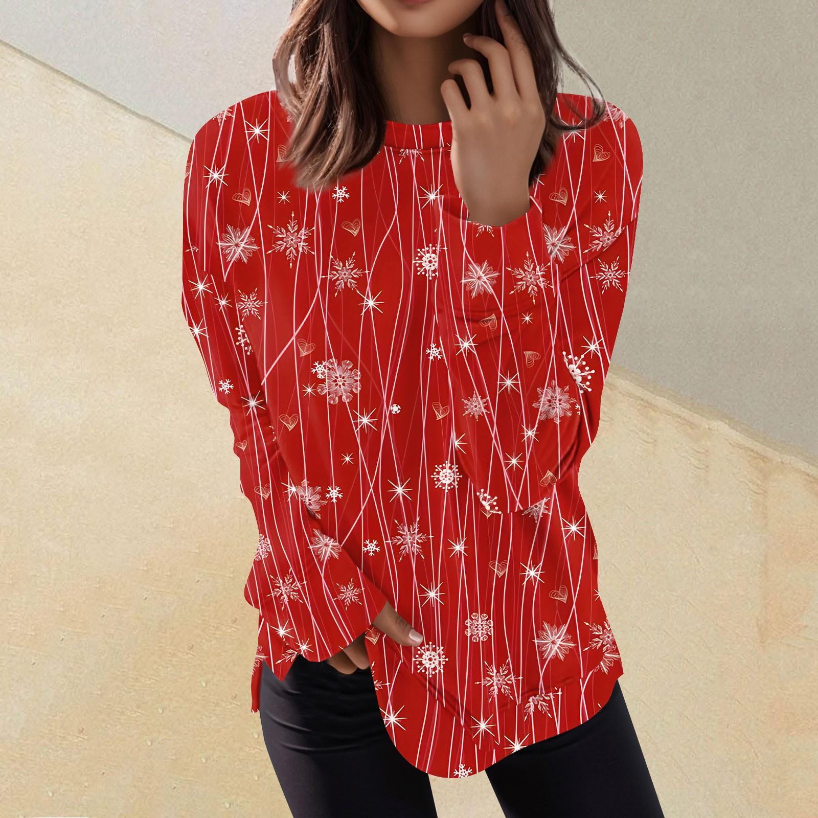 

Женская мода с длинным рукавом, свитер, повседневная футболка, рождественский принт, свободный топ XL киноварь