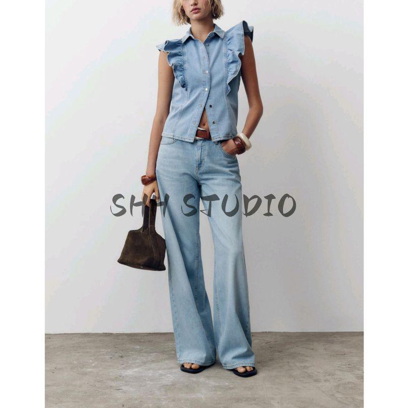 Летняя новая женская одежда Простой стиль Однобортная Без рукавов Лацкан Ламинированная отделка Джинсовая рубашка 9942155