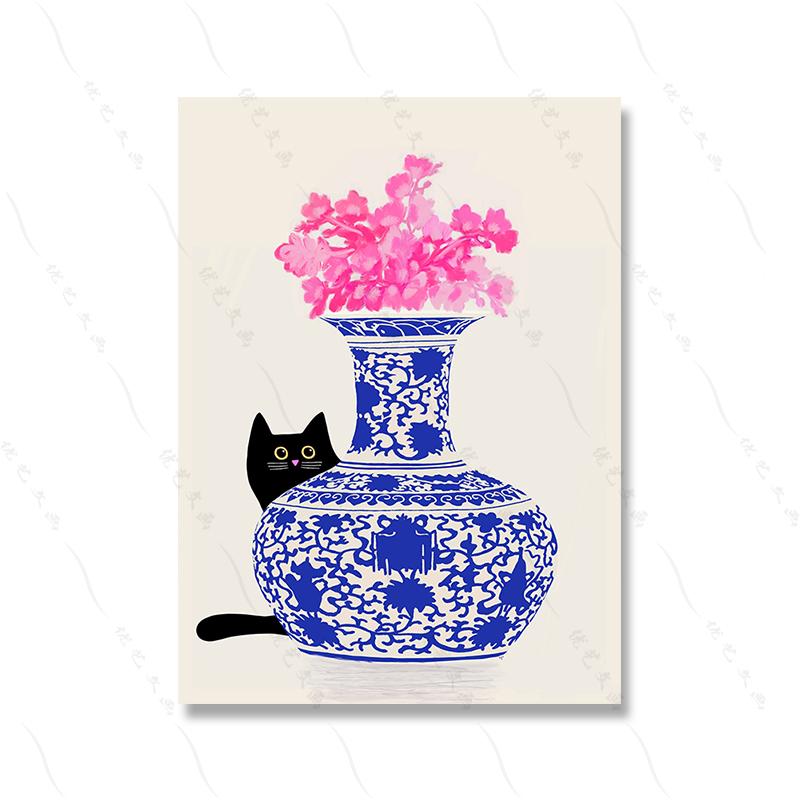 Retro Abstract Black Cat Vase Art Poster Print Pink Tulips Canvas Painting Colorful Pictures Living Kid Room Home Decor Murals