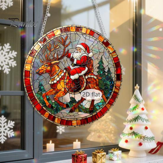 Holiday Hanging Art for Windows Christmas Acrylic Window Decor, 2D Holographic Stained Glass Double Sided Festive Ornament with Metal Chain,