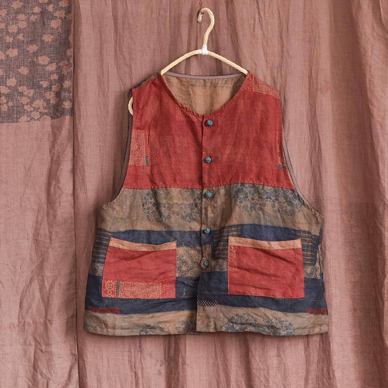 Johnature Women Vintage Patchwork Color Vests Linen Button Coats Sleeveless Spring Pockets Women Vests Coats