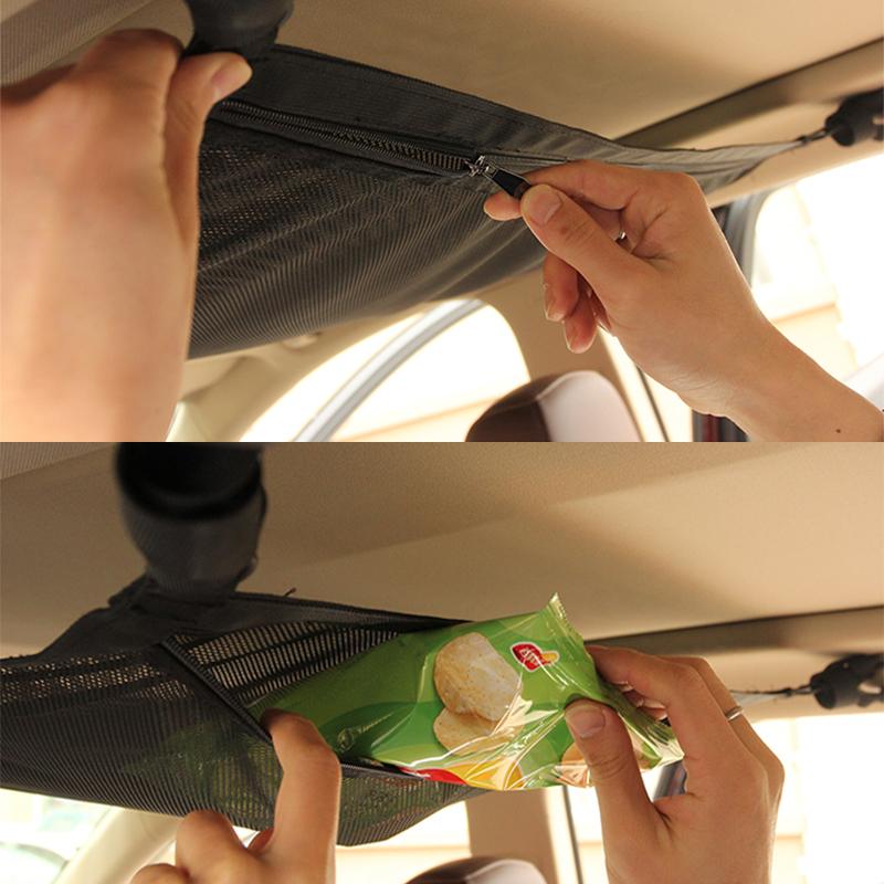 SEAMETAL Car Ceiling Storage Net Pocket 80cm*55cm Hanging Polyester Mesh Storage Bag Traveling Auto Roof Organizer with Zipper