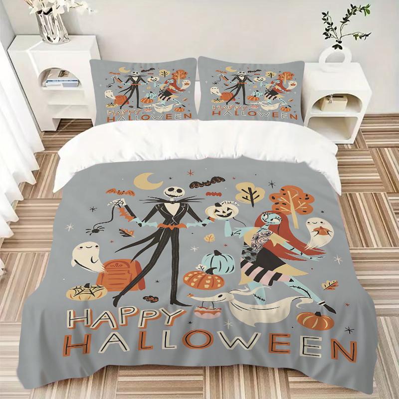 3pcs Happy Halloween Jack & Sally Quilt Set Soft and Comfortable Bedroom, Guest Room and Dorm Decor Bedding Set B041