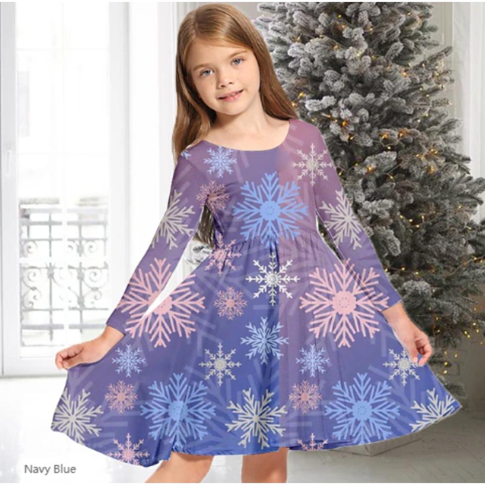 Girl Casual 3D Snowflake Print Round Neck Long Sleeve Dress Kid Princess Dress 80 синий