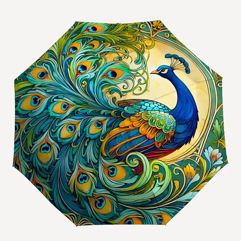 

1pc Peacock Feathers Fashionable Auto Opening/Closing Folding Umbrella with 8 Bones, Windproof Portable, Daily Use137