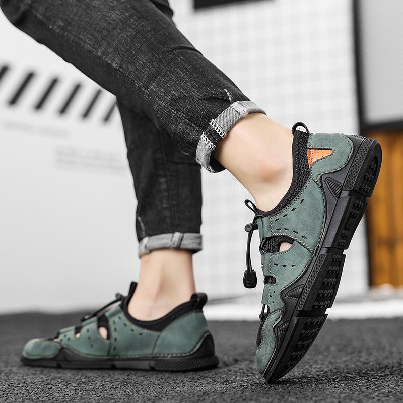 Men's Leather Sandals Summer New Breathable Soft Bottom Slip-on Leisure Driving Non-Slip Hollow Trendy Beach Shoes