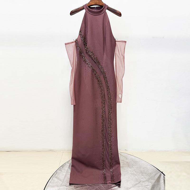 

In-Stock Mesh Spliced Evening Gown with Beading M