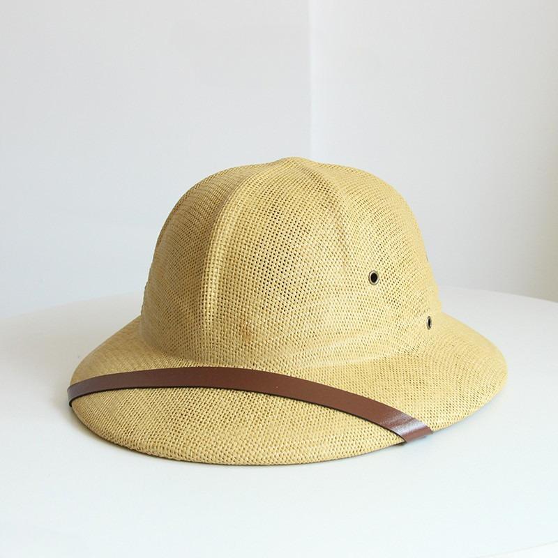 Handgefertigter Sonnenstrohhut Herren Kopfschutz Helm Kappe Sommer Damen Atmungsaktiv Sonnenschutz Fischerhut Gürtel Haarstyling-Kappe 56-62cm beige