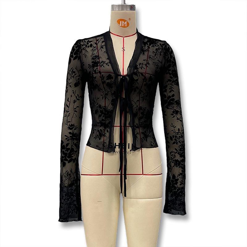 Fashion Women See Through Lace Black Sheer Shirt Mesh Top Elegant Floral Long Flared Long Sleeve V Neck Tie Blouse Trim Y2K Casual Party Clothing