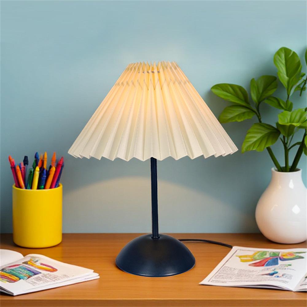 Pleated Table Lamp with 3 Color Modes + Stepless Dimming Metal Base Bedside Light USB Powered Night Light for Bedroom