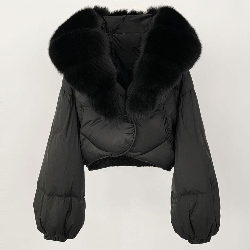 OFTBUY Jachetă de lux îngroșată și caldă de puf, la modă de iarnă, 90% puf de rață alb, haină scurtă pentru femei, cu guler de blană supradimensionat