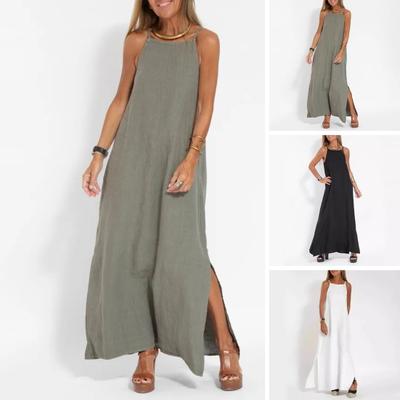 Sommer-Maxikleid aus Baumwollleinen für Damen mit Spaghettiträgern, ärmellos, langes Kleid, lässig, fließend, geteiltes Strand-Sommerkleid
