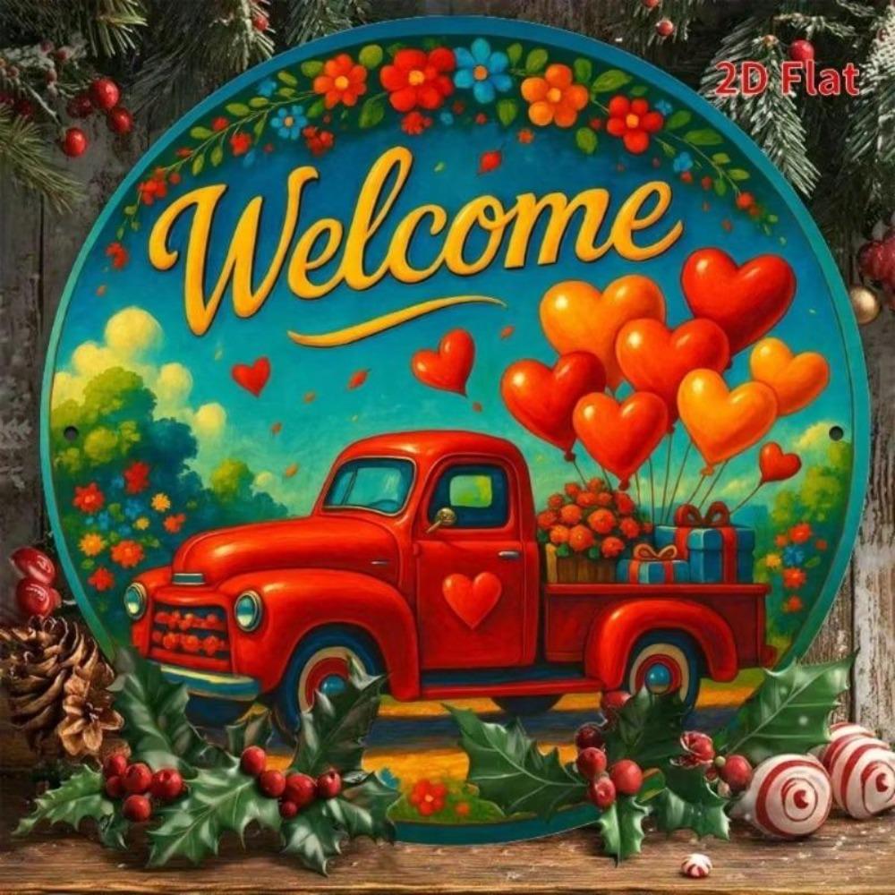 Vintage Red Truck Heart Balloons Iron Wall Art Decor