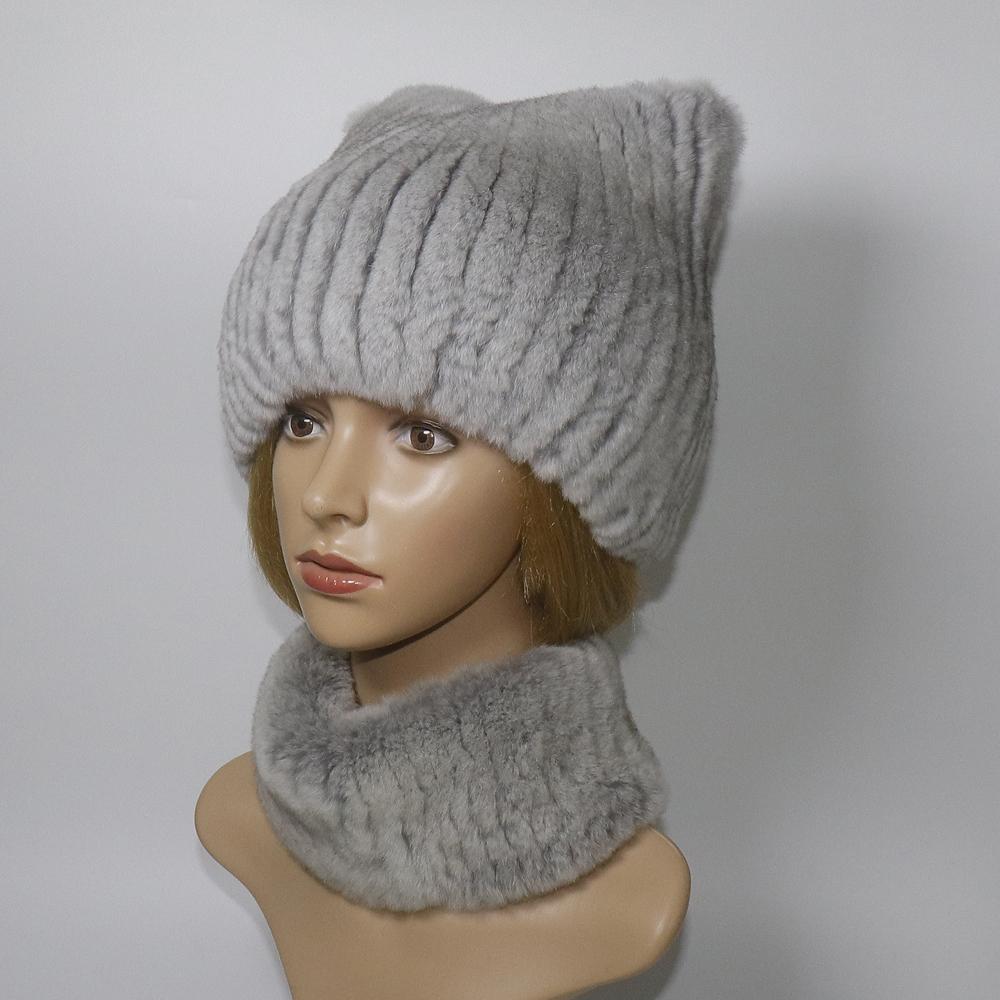 Winter Girls Fashion Fluffy Real Rex Rabbit Fur Hat Scarf Sets Warm Real Rex Rabbit Fur Cat's ear Hats Scarves Women Fur Caps