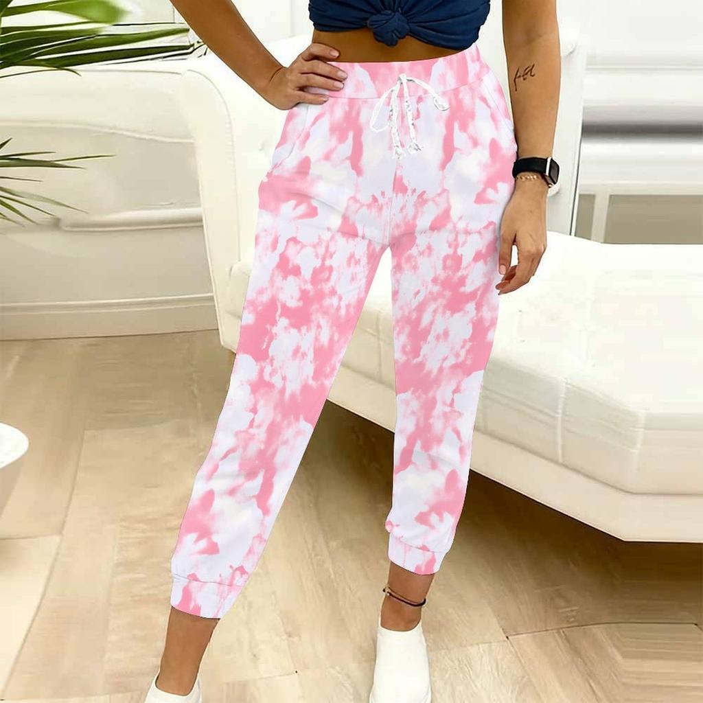 Summer Ladies Mottled Patterns Printed Sweatpants Loose Fit Drawstring Joggers Elastic Cuff Daily Casual Pants