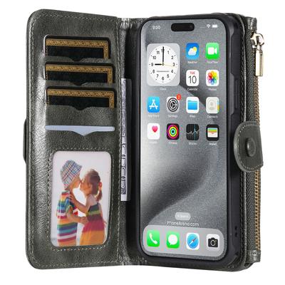 Pro iPhone 16 Pro Max Magnetické pouzdro Odnímatelný PU kožený kryt peněženky na zip