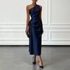 Women's One Shoulder Satin Prom Dress Summer Sleeveless Party Cocktail Midi Dress Ruched Bodycon Evening Wedding Guest Dress