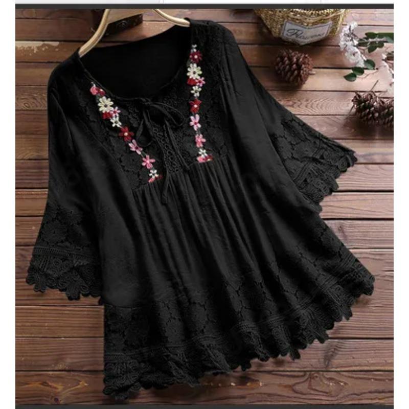 Summer Women Casual Solid Shirt Linen Stitching Lace Flower V-neck Loose Blouse Elegant Holiday Shirts
