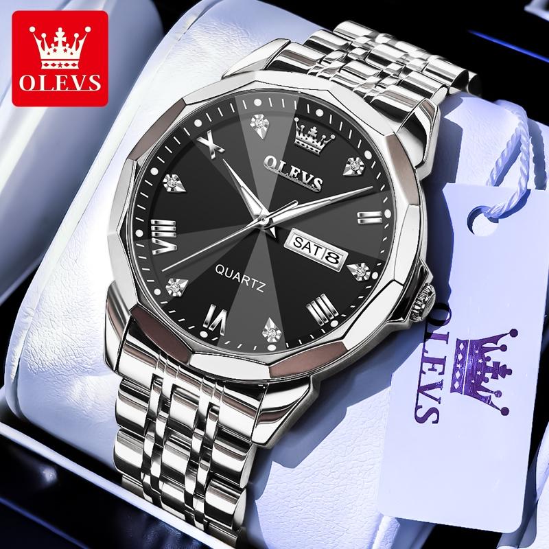 OLEVS Luxury Man Watch Solid Steel Strap Waterproof Men's Watches Fashion Rhombus Mirror Dual Calendar Quartz Wristwatches 9931