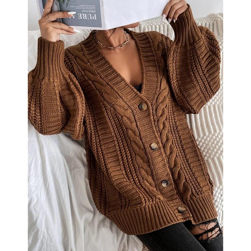 Autumn New Loose Plus Size Knitted Sweater Coat Women Winter Fashion Twists Solid Cardigan Women Vintage V-neck Lantern Sleeve Cardigans Jacket 24594