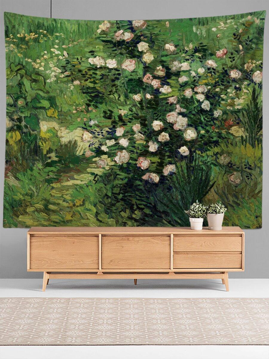 Van Gogh Green Garden Tapestry, Floral Impressionist Wall Decoration, Polyester Cloth Art for Bedroom Decoration and Living Room Decoration. 75x100cm(29x39in)