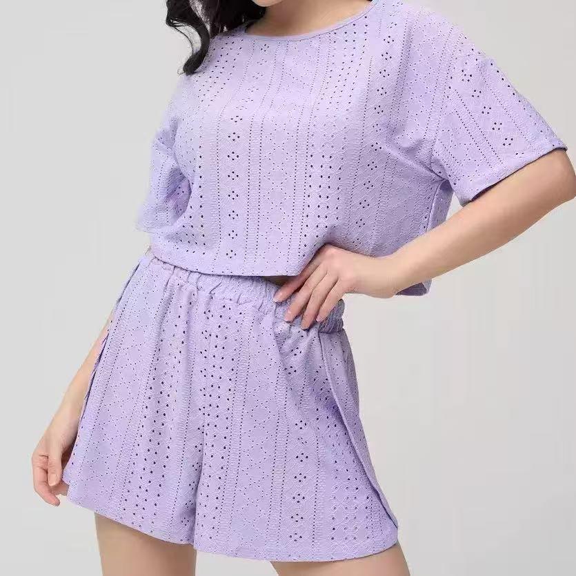 European Comfort Hollow Short Sleeve Pajama Set - Women's Loose Fit