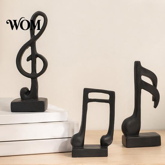 Black Resin Music Figurine 3Pcs Minimalist Note Sculpture, Treble Clef & Eighth Quarter Desk Desktop Decor for Piano Room Living Room, Matte