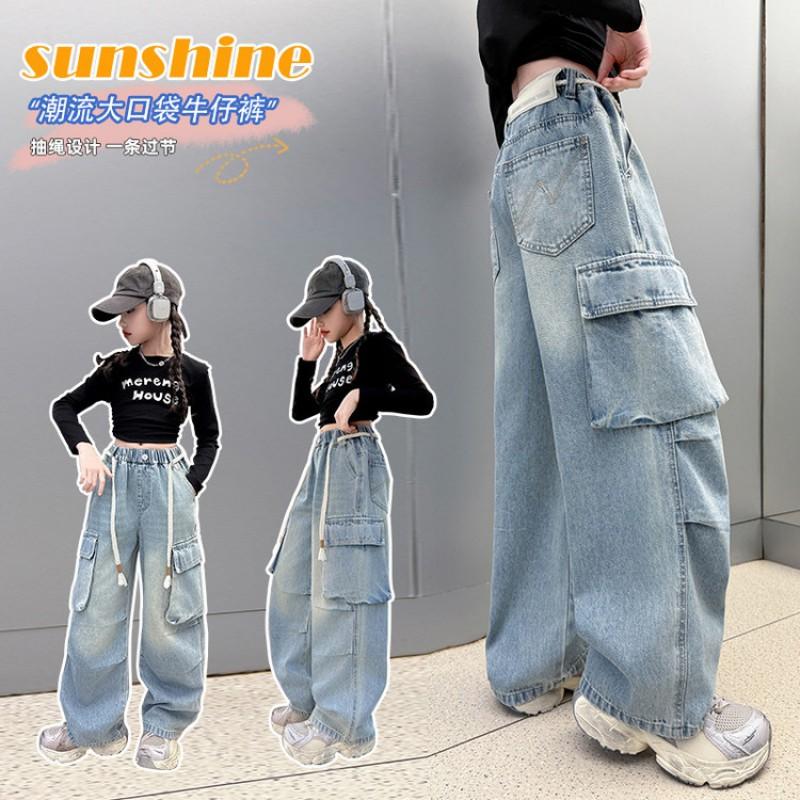 Kids Denim Cargo Pants With Elastic Waistband Girls Street Style Trousers Size 120cm