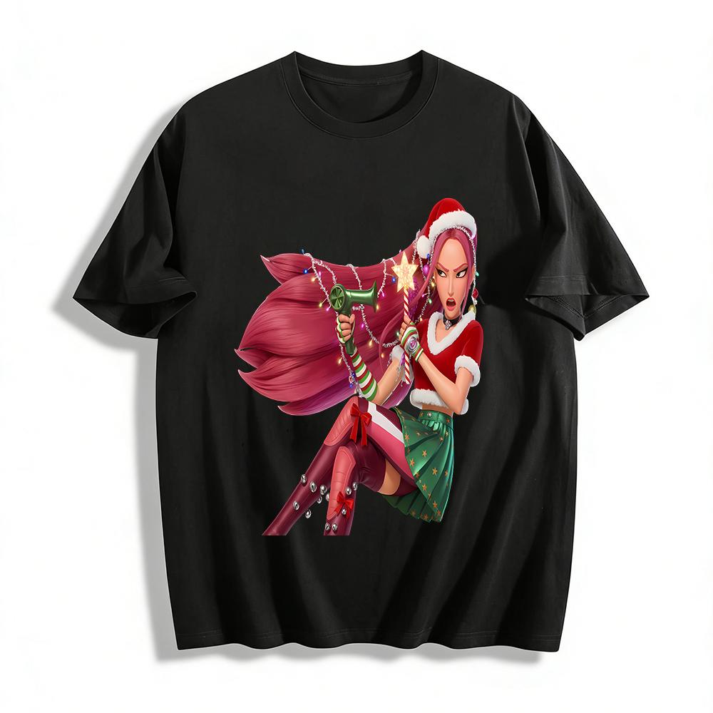 Christmas Grumpy Pink-haired Girl Print T-shirt Festive Fun Casual Holiday Top Pure cotton T-shirt XXS