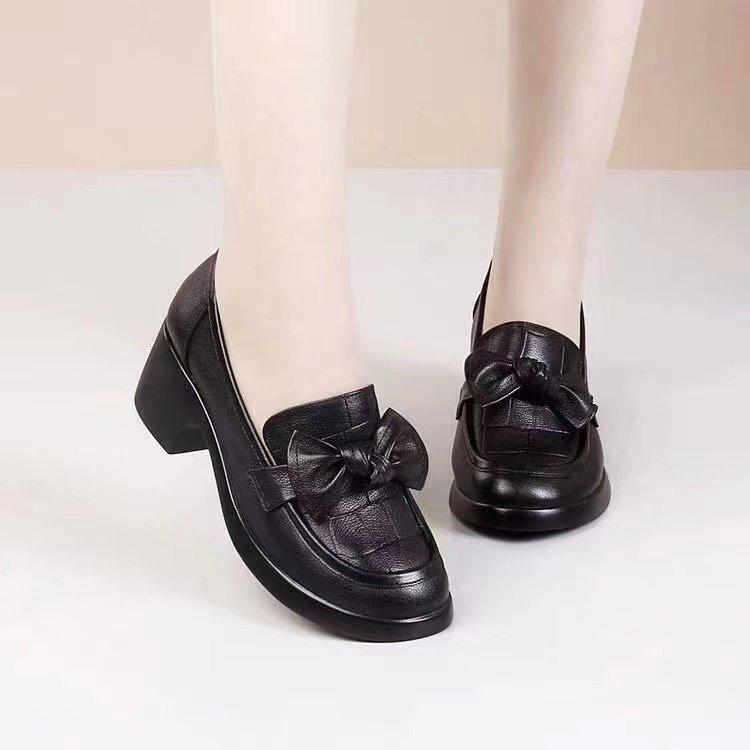 Neue weiche Leder Dicke Ferse Leichter Mund Einzelne Schuhe Damen 2025 Herbst Schleife Karomuster Weiche Sohle Weiche Oberfläche Dicke Ferse Kleine Lederschuhe