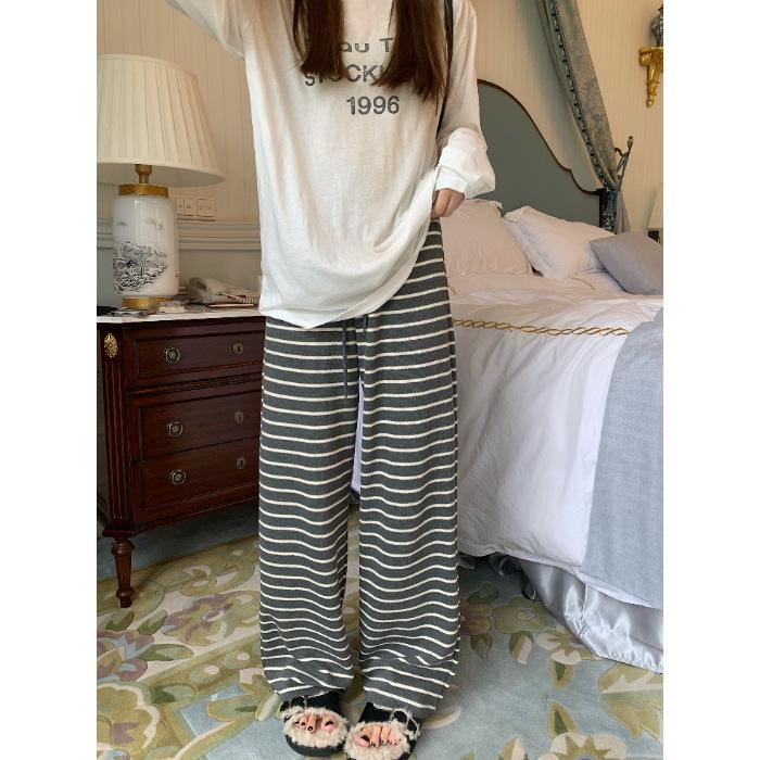 Lazy foreign style gray striped high-waisted wide-leg pants women s Korean loose and thin straight sweatpants 2025 autumn and winter S