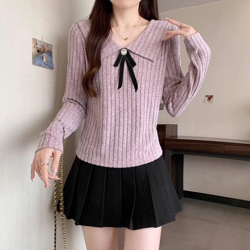 

Tie Sweet Doll Collar Bow Tie Свитер, весна, осень и зима, облегающий прикрывающий свитер с длинными рукавами, трикотажные внутренние женские топы 2XL