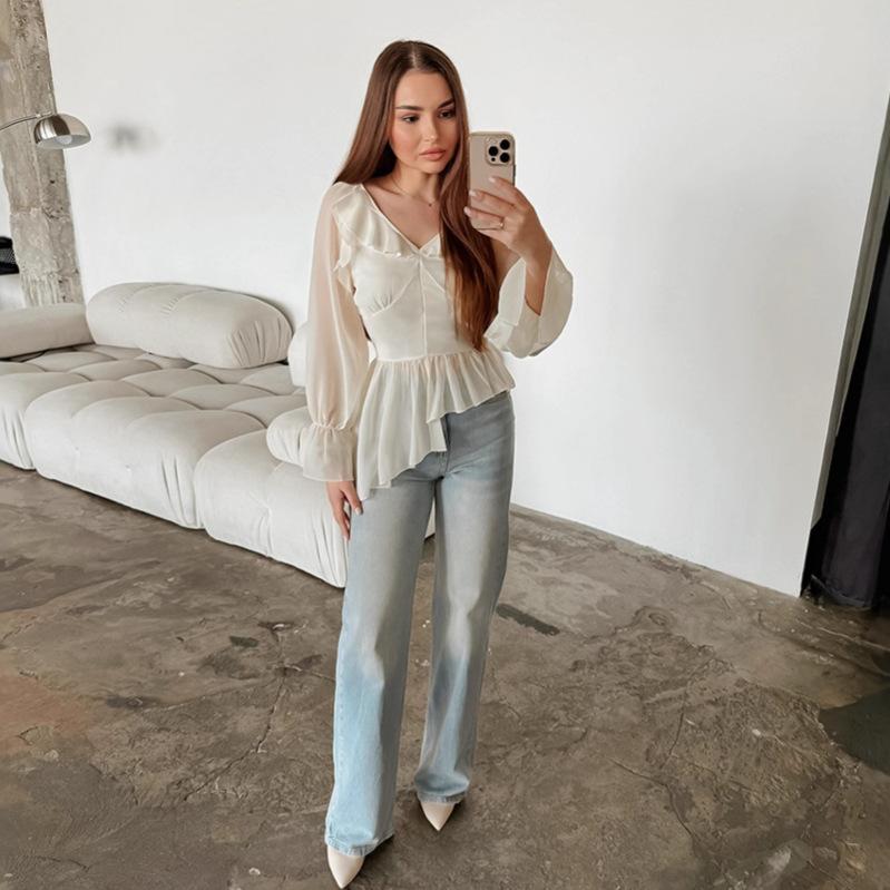 1116 European and American women's clothing new products Royal sister style elegant long-sleeved ruffle edge chiffon shirt autumn irregular top