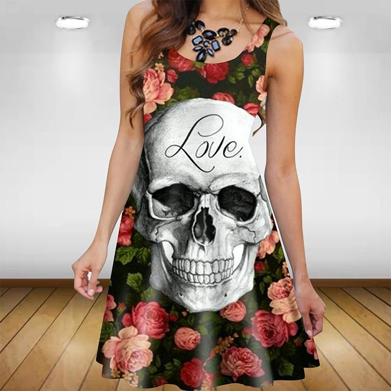 Sleeveless Dress Skull Print Dress Tank 