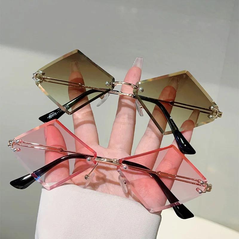 y2k Rimless Irregular Rhombus Sunglasses Women For Men Vintage Sun Glasses Luxury Brand Designer Punk Popular Hip Hop Pink Shade