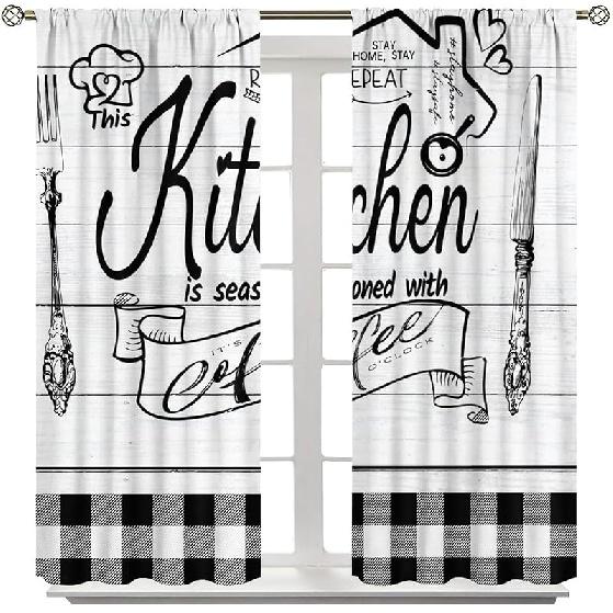 Farmhouse Rustic Kitchen Curtains, Vintage Fork Spoon Barn Rustic Plank Cafe Curtains Home Living Room Bedroom Blackout Curtains 2 Panels 42x45