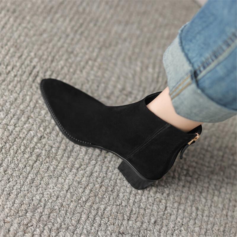 Fashion New Autumn Cow Suede Women Boots Pointed Toe Chunky Heel Boots for Women Winter Boots Women Versatile Ankle Boots Zapatos Mujer