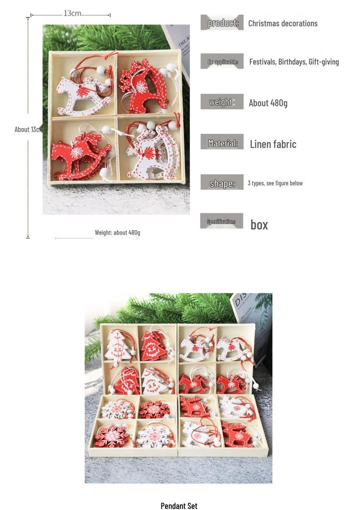 Christmas Tree Ornaments: Snowman, Wooden Horse, Tree Pendants - 4-Grid Box Set