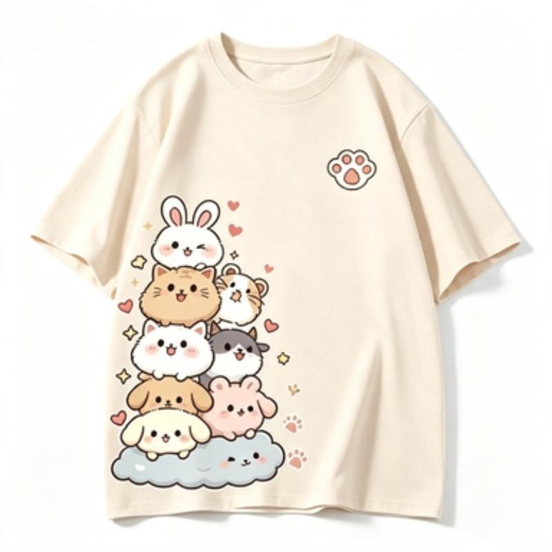 Kawaii Pet Club Graphic Tshirt Unisex Cute Rabbit Cat Dog Print O Neck Short Sleeve Tee Casual Loose Summer Streetwear Tops
