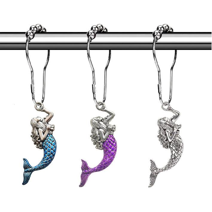 Cute Mermaid Shower Curtain Hooks - Sea Ocean Shower Hooks for Shower Curtain Liner, Silver Shower Curtain Rings Decorative Shower Curtain Set Blue-purple-silver