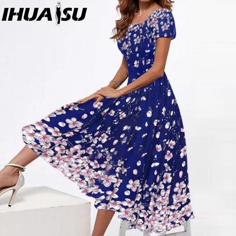 

ИГУАСУ Летнее женское элегантное вечернее платье с цветочным принтом, U-образным вырезом и короткими рукавами S