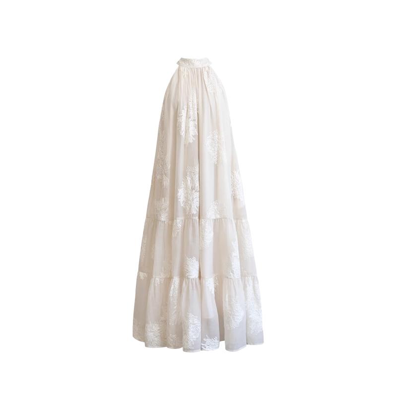 French Temperament Lace Embroidery Seaside Resort Style Sexy Loose Hanging Neck Character Sleeveless Midi Dress Women Summer 2024 New