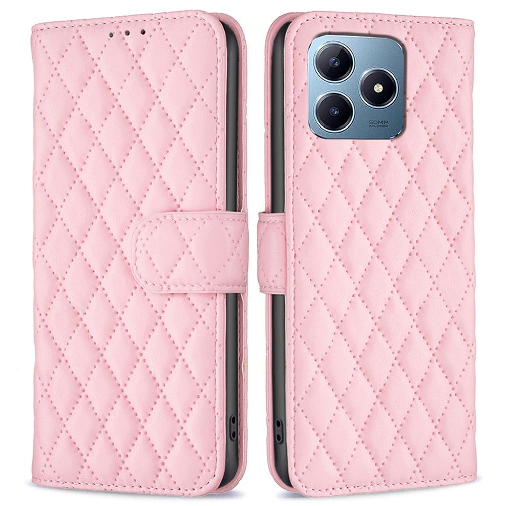 

For Realme Note 60x 4G/C63 4G/C61 4G Case Leather Phone Cover Rhombus Grid Wallet Pink