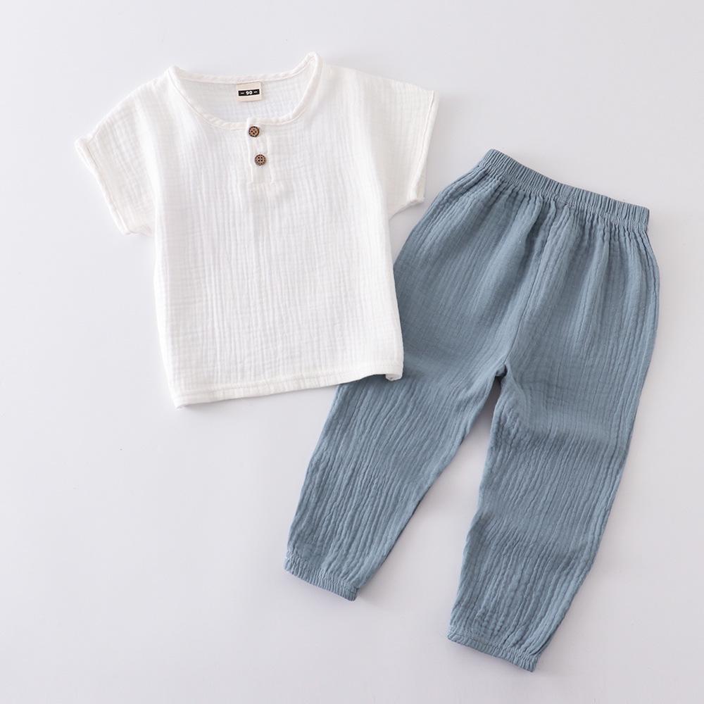 Kids' Summer Cotton Linen Two-Piece Set - Short Sleeve Top & Joggers