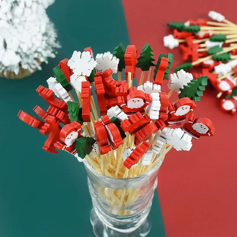 12CM Christmas Halloween Disposable Bamboo Fruit Sticks Snowflake Christmas Tree Santa Claus Fruit Sticks Christmas Decorations
