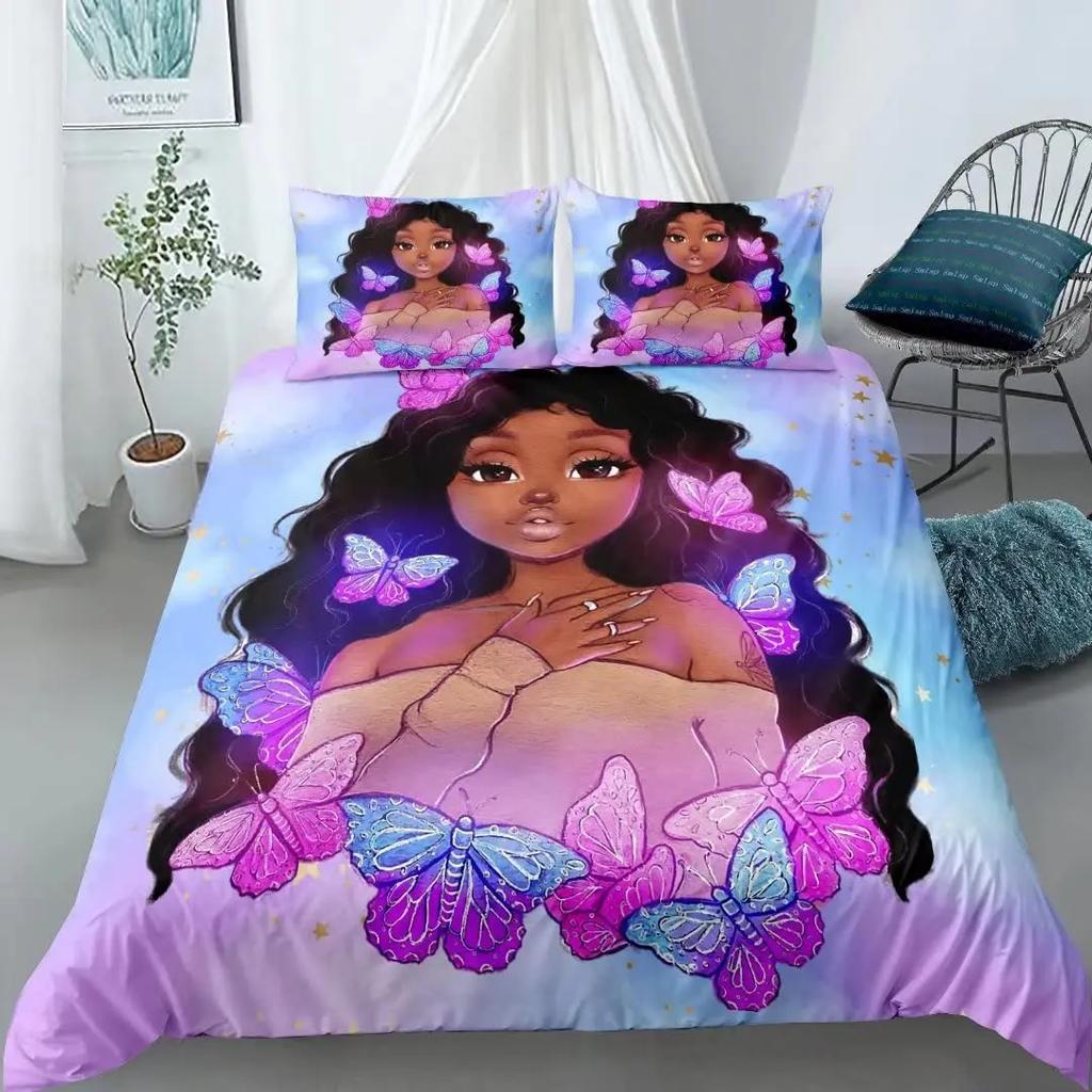American Black Girl Duvet Cover SetBlack Girl Magic Bedding Set Full SizeCute Little Afro Black Princess Comforter Cover Sets