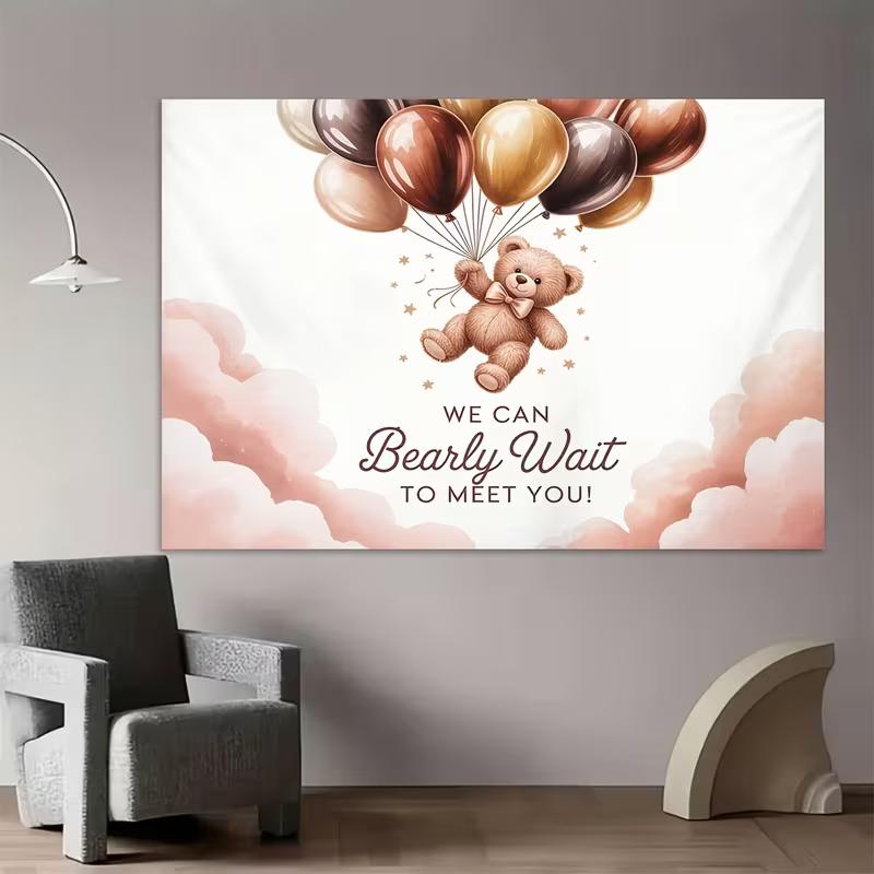 2D Neutral Teddy Bear Baby Shower Backdrop Pink Clouds & Balloons Photo Booth Background