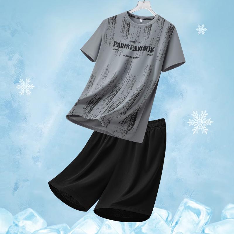 Ensemble de Sport en Soie Glacée pour Homme Été Col Rond Séchage Rapide Manches Courtes Coupe Ample Deux Pièces