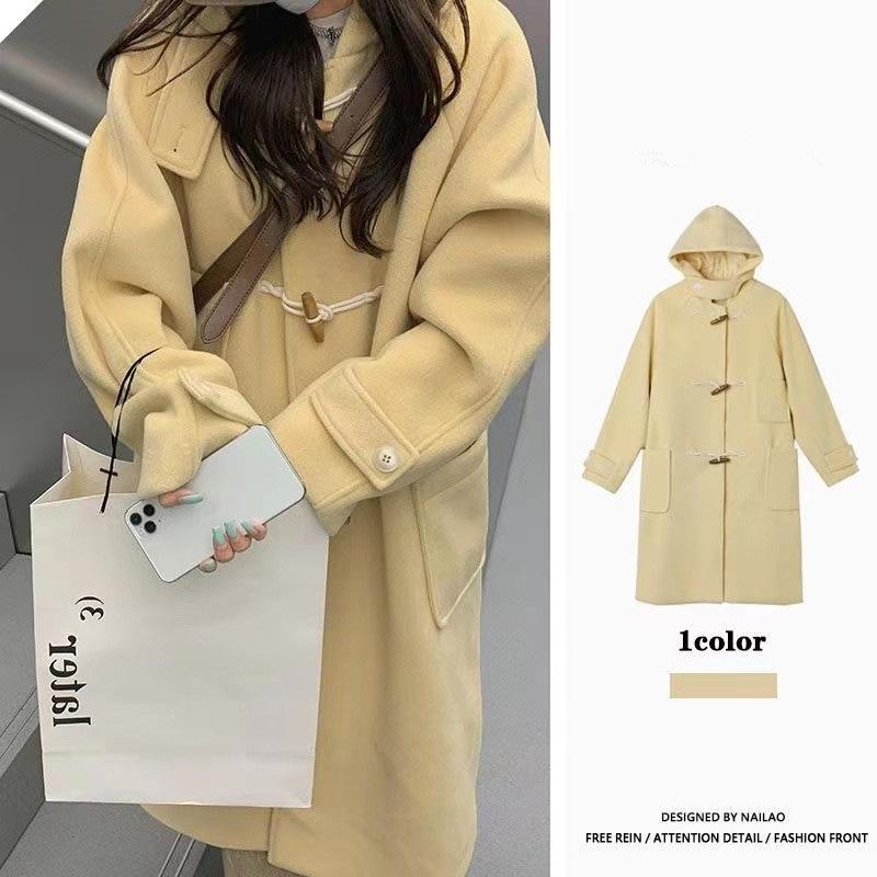 

Women s Petite Loose Long Hooded Wool Coat - Autumn/Winter College Style with Toggle Buttons Medium