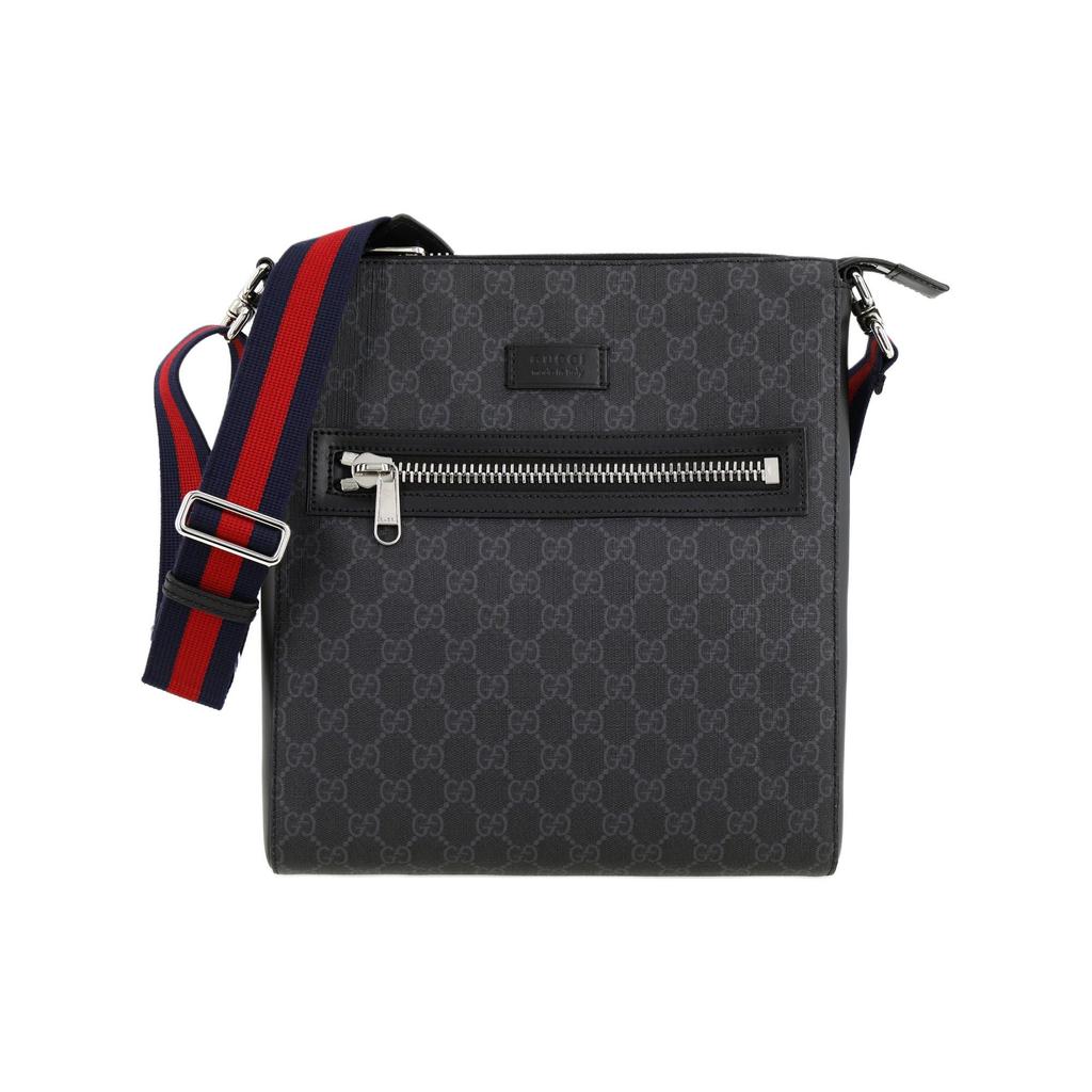 Gucci GG Geprägtes Logo Lederstreifen Web Schultertasche Herren Umhängetasche Schwarz Grau 474137-K5RLN-1095